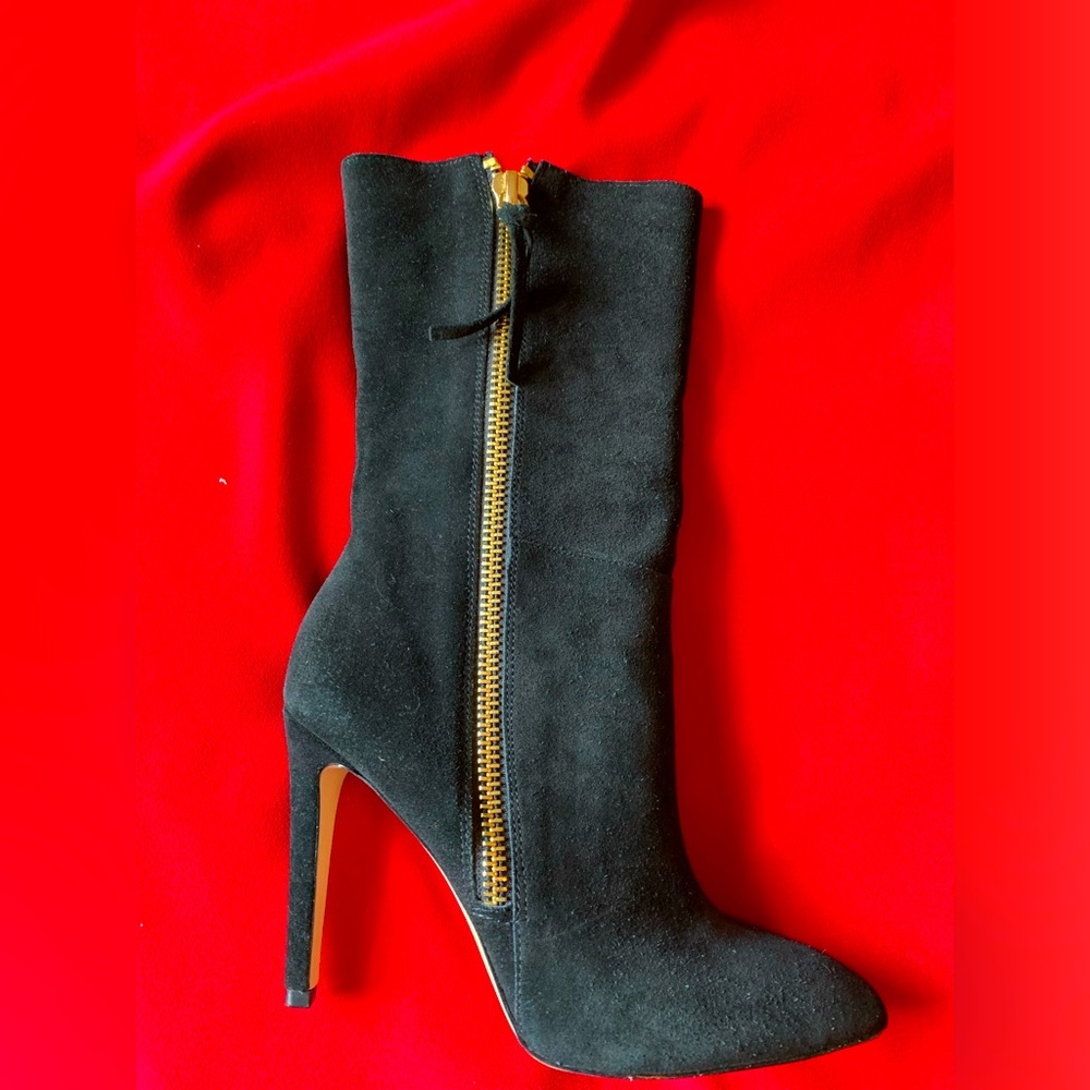 Neiman Marcus black suede mid-calf boot, size 8.